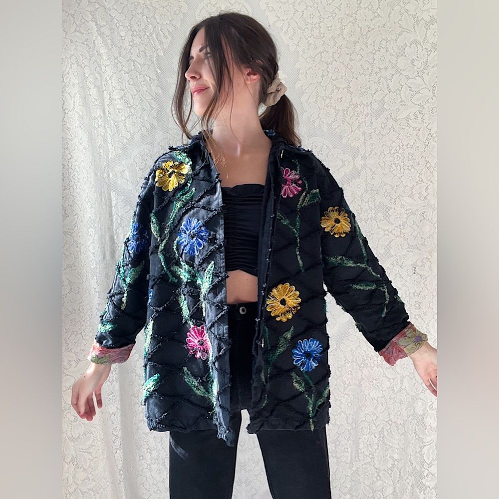 Vintage 90s Roaman’s 100% Cotton Black Floral Embroidered Button Front Jacket